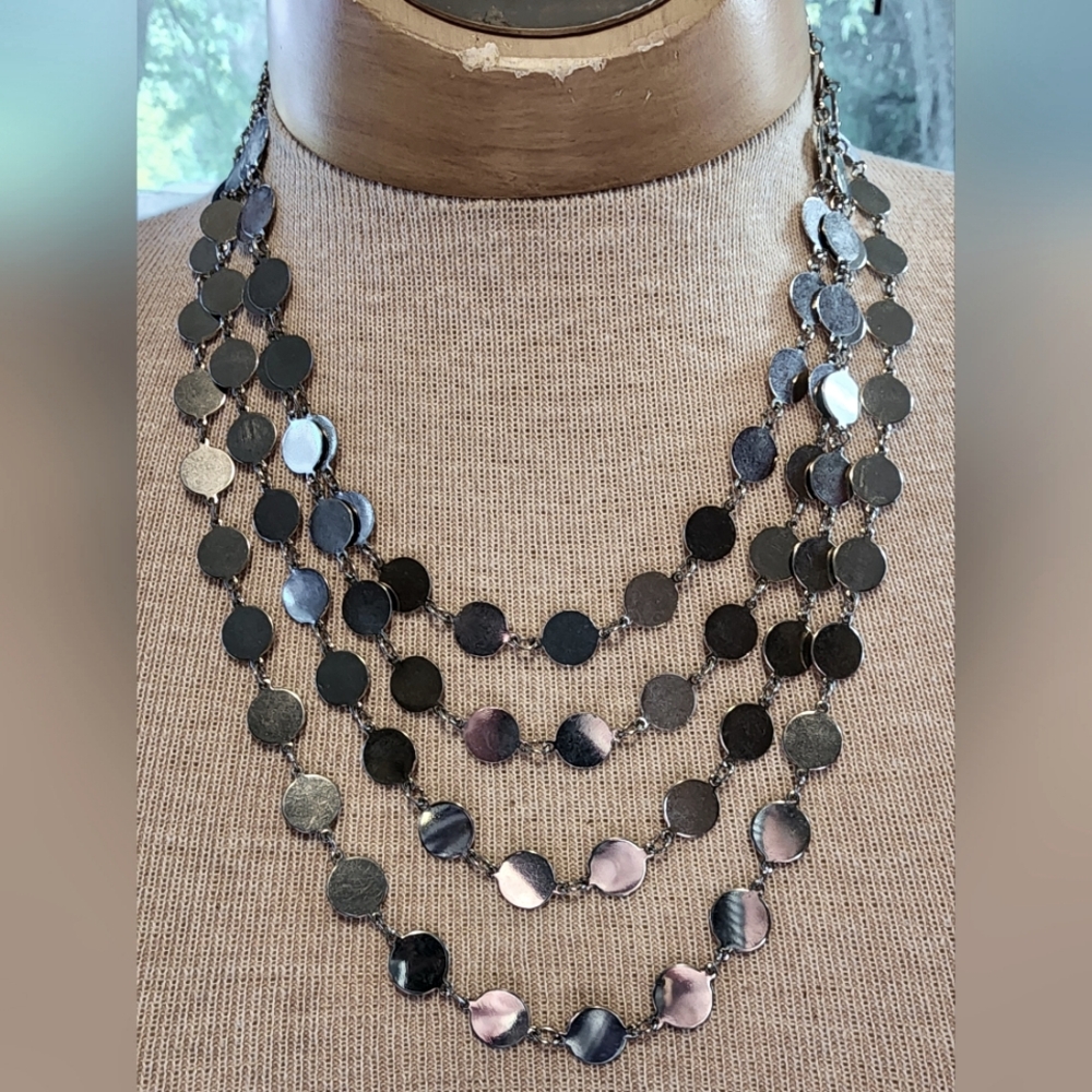 Express Multilayered Silver tone Necklace 4 Strand disc 16" 3" Extender